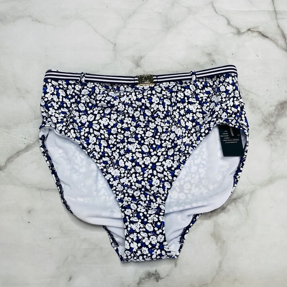 LRL RALPH LAUREN Ditzy High-Waist Belted Bikini Bottoms Blue White 10 Slimming
